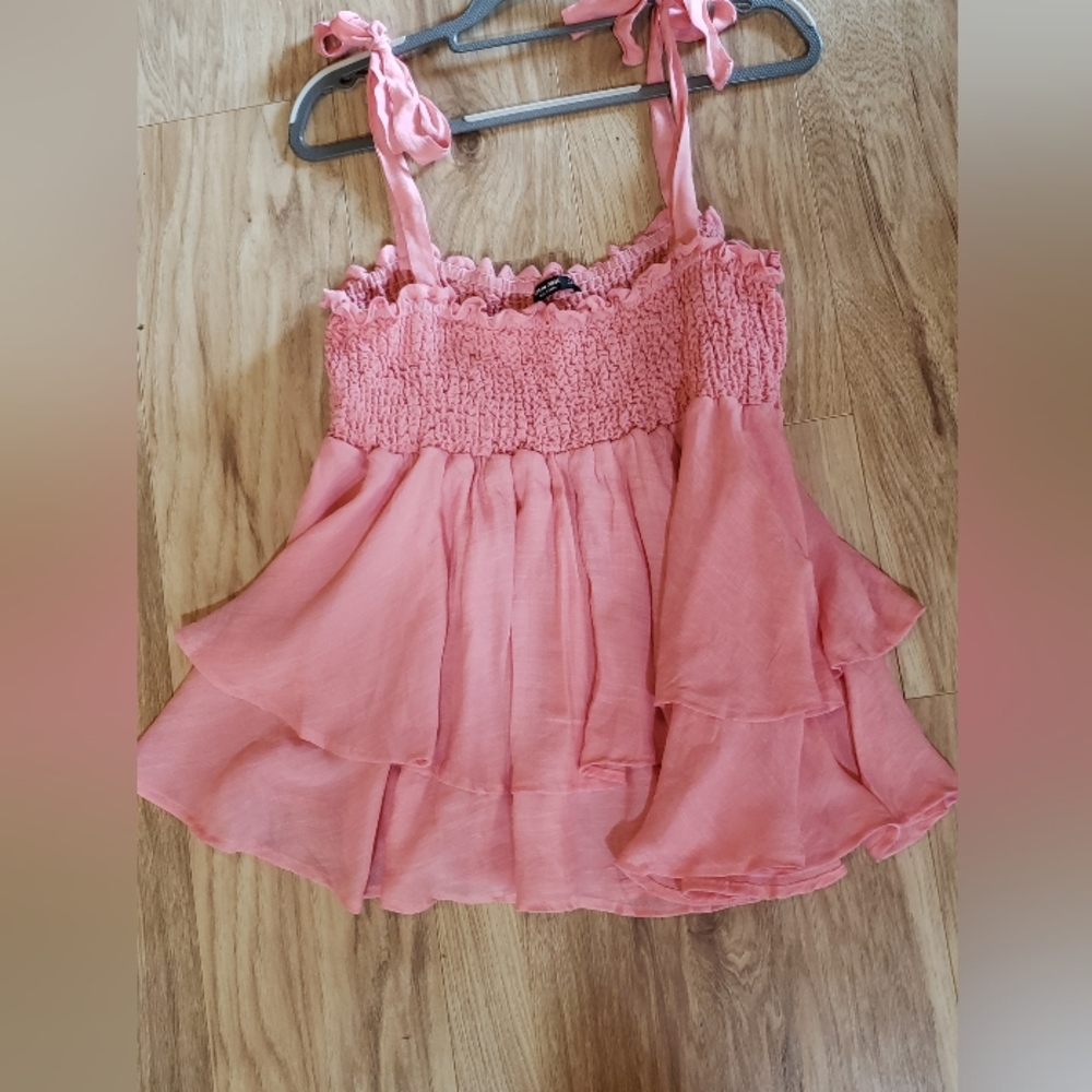 Pink Smocked,strappy Ties,ruffle,flowybabydoll,top,summer,2xl Women,sexy